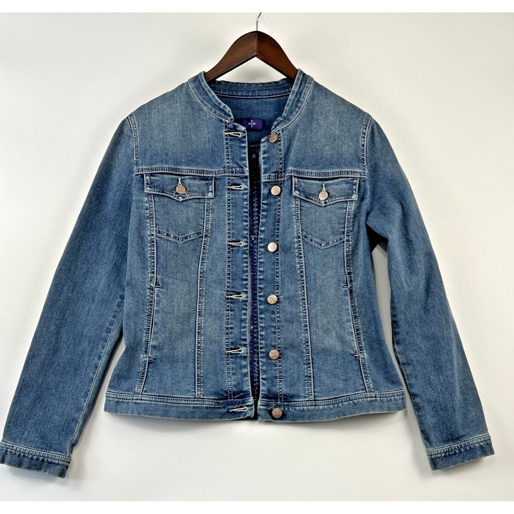 Nydj Womens Denim Jean Jacket Size M Blue Mock Neck Stretch Ranch Country Club